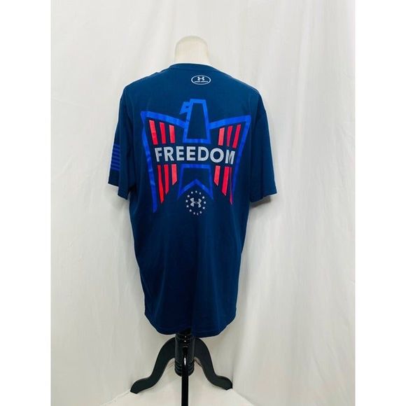 Under Armour Men’s Shirt Blue Short Sleeve Freedom Heat Gear Loose Fit Size XL - Picture 4 of 10